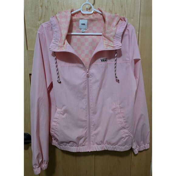 Vans Pink Hooded Windbreaker Jacket With Checkered Lining & Drawstrings Sz M - Picture 1 of 9